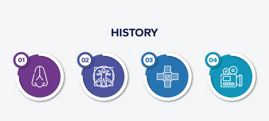 infographic element template with history outline icons such as body part, vitruvian man, naensor, documentary vector.