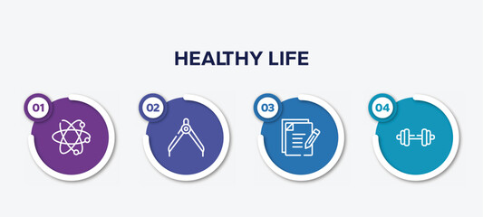 infographic element template with healthy life outline icons such as atoms, divider, as, dumbell vector.