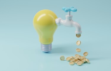 Light bulb with tap money cash flow pipe, creative idea to make money, innovation to earn profit from business concept, 3d render illustration.