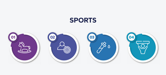 infographic element template with sports outline icons such as hobby horse, engeneering, blood test, fans vector.