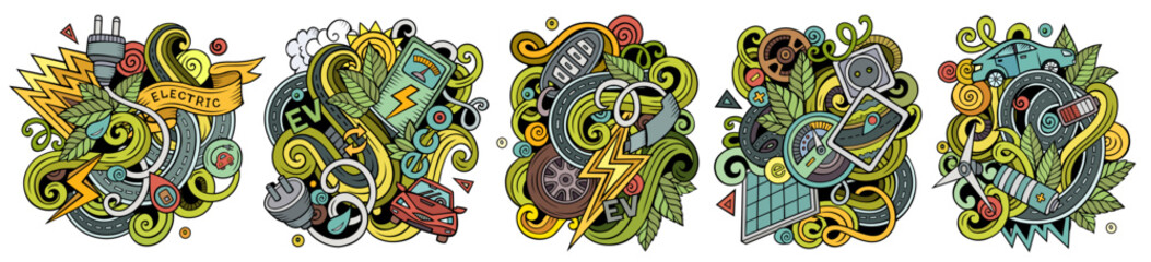 Electric Cars cartoon vector doodle designs set.