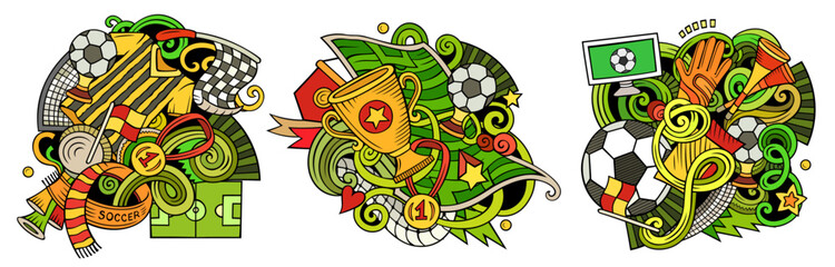 Football cartoon vector doodle designs set.