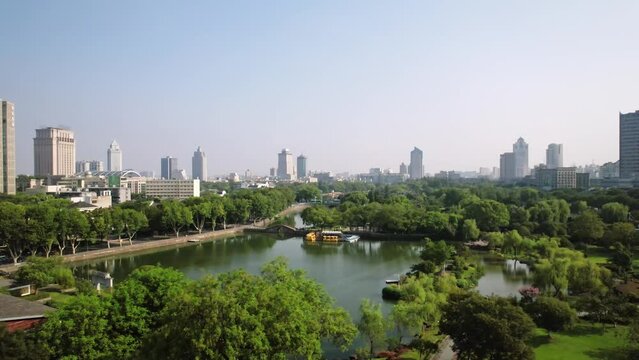 aerial view of moon lake park in ningbo 