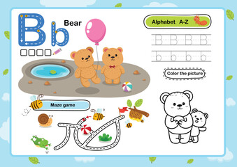 Alphabet Letter B-Bear exercise with cartoon vocabulary illustration, vector