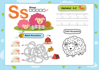 Alphabet Letter S-Sheep exercise with cartoon vocabulary illustration, vector