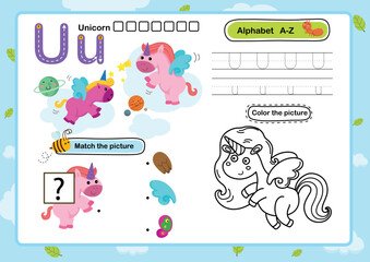 Alphabet Letter U-Unicorn exercise with cartoon vocabulary illustration, vector