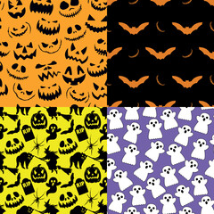 Halloween seamless pattern with pumpkins, witch on broom, grave, bat, cat, ghost, ugly themed pumpkin head, creepy smile. Doodle set. 4 in 1