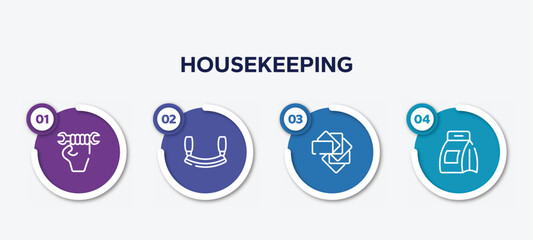 infographic element template with housekeeping outline icons such as labor day, mezzaluna, color pack, washing powder vector.