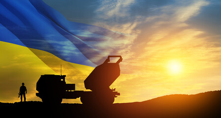 Artillery rocket system are aimed to the sky and soldier at sunset with Ukrainian flag. Multiple launch rocket system. 3d-rendering.