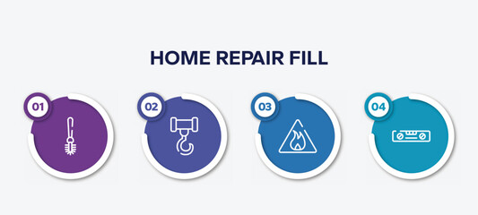 infographic element template with home repair fill outline icons such as toilet brush, crane hook, inflamable, balance ruler vector.