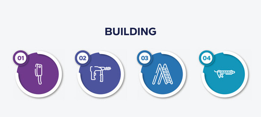 infographic element template with building outline icons such as cleaver, big driller, ladder open, sealant vector.