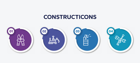 infographic element template with constructicons outline icons such as mower scissor, construction excavator, paint spray can, screwdriver and doble wrench vector.
