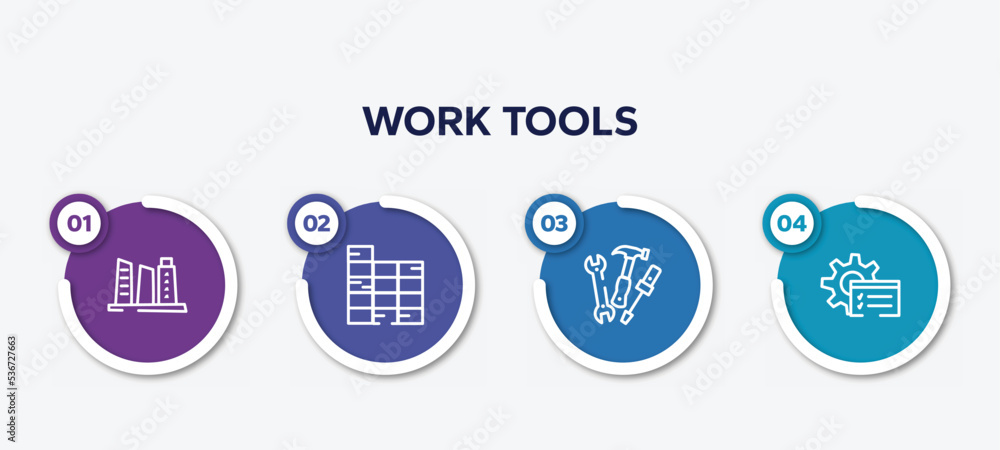 Poster infographic element template with work tools outline icons such as building hand drawn tower, constr
