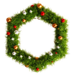 Beautiful christmas wreath hexagon frame on transparent background, top view with pace for text (RGBA 3D Rendering PNG)