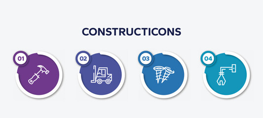 infographic element template with constructicons outline icons such as hammer tool, forklift tool, two screws, derrick with tong vector.