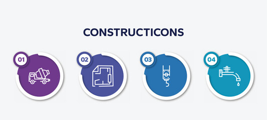 infographic element template with constructicons outline icons such as cement truck, blueprint hand drawn tool, pulley hook, stopcock vector.