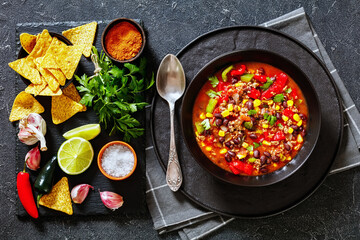taco soup of ground beef, corn, beans and veggies