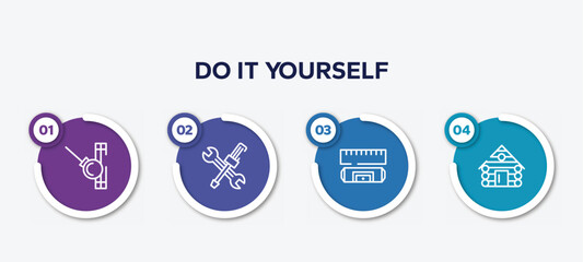 infographic element template with do it yourself outline icons such as demolishing ball, wrench and screwdriver cross, rule and level, cabin house vector.