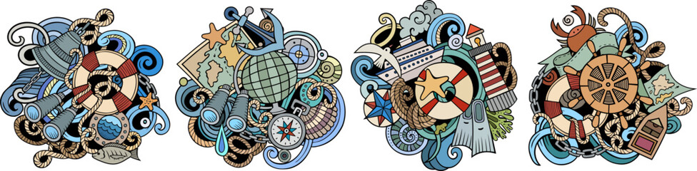 Nautical cartoon vector doodle designs set