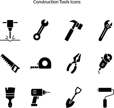 Building and repair tools icons, construction tools kit. Home remodeling, carpentry and masonry building tools, electric drill, screwdriver and saw