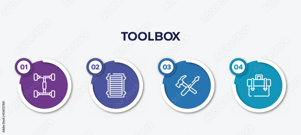 Wall mural infographic element template with toolbox outline icons such as chassis, air filter, repair tools cr