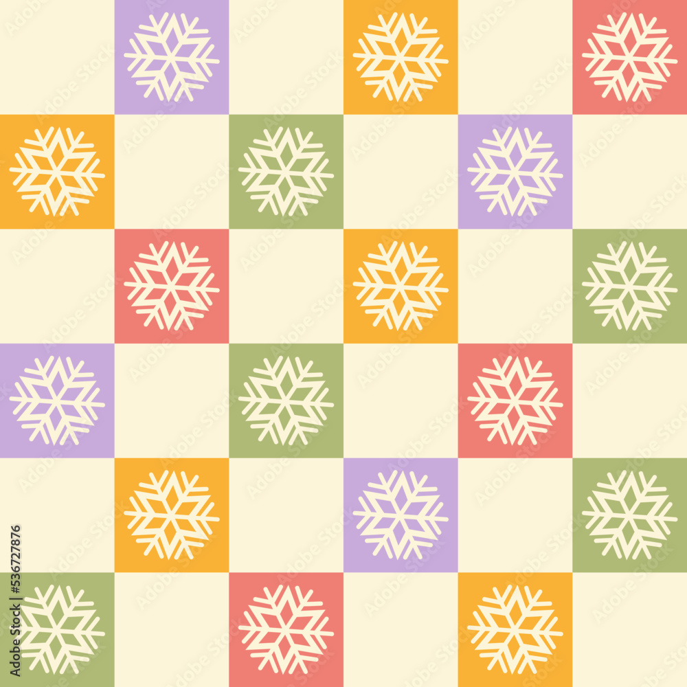 Poster christmas checkered seamless pattern with snowflakes trendy vector illustration. retro background in
