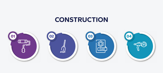 infographic element template with construction outline icons such as painter roller, cleaning mop, cad, grinder vector.