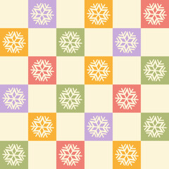 Christmas checkered seamless pattern with snowflakes Trendy vector illustration. Retro background in style 70s, 80s. Pastel colors