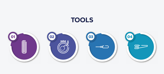 infographic element template with tools outline icons such as tiremarks, embroidery, autoloader, hacksaw vector.