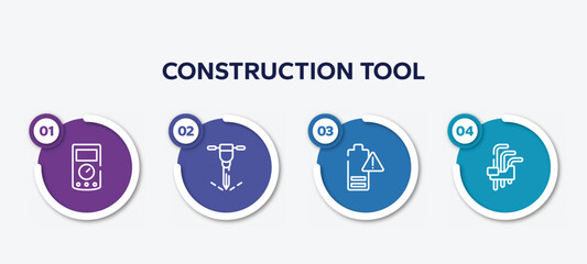 infographic element template with construction tool outline icons such as ammeter, puncture, empty battery, hex key vector.