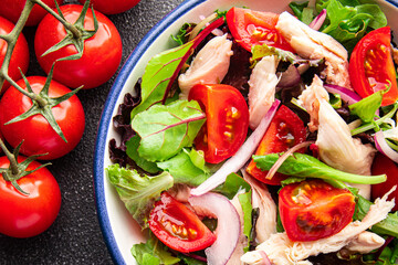 salad chicken breast, tomato, green lettuce, red onion healthy meal food snack diet on the table copy space food background rustic top view keto or paleo diet