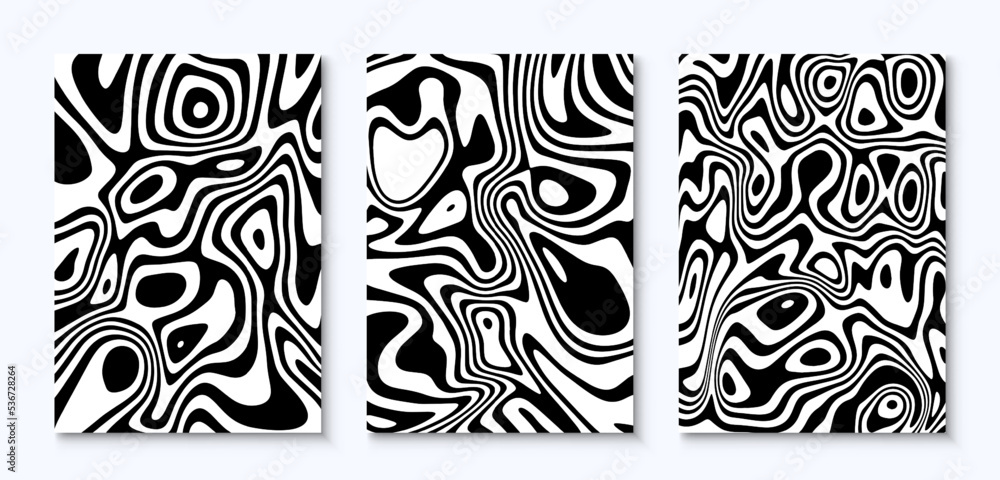 Poster poster layouts with wavy lines. twisted black and white backgrounds. abstract dynamic lines. simple 