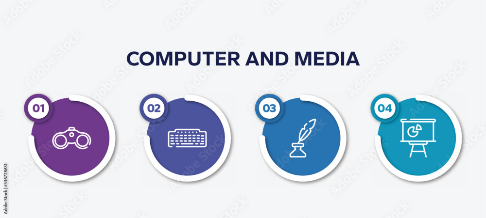 Poster infographic element template with computer and media outline icons such as binoculars tool, black ke