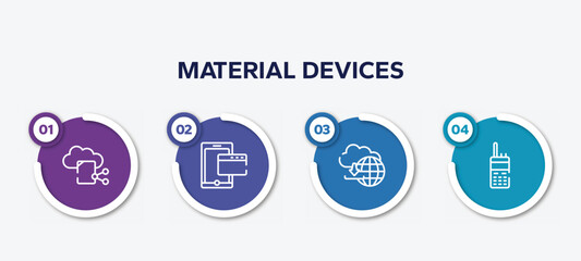 infographic element template with material devices outline icons such as file sharing on internet, tablet phone and browser, cloud upload, satellite phone vector.