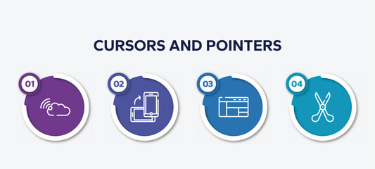 infographic element template with cursors and pointers outline icons such as connected clouds by internet, turning phone, window with sections, scissors tool vector.