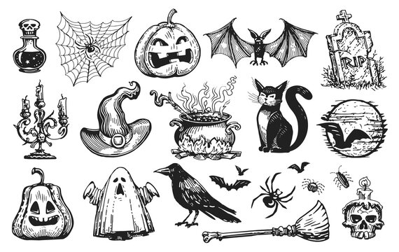 Halloween concept. Holiday elements collection. Sketch vintage illustration