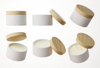 Set of six different angles of concrete container candle with two cotton wicks in white concrete jar with wooden lid 3D render, commercial product mock-up