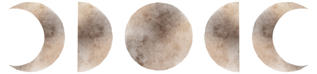 Golden watercolor phases of the moon, full moon, month, blue watercolor