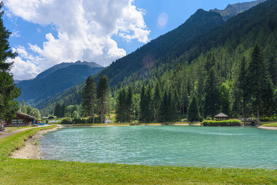 Gressoney-Saint-Jean, View of the Lake and the Gover Park. Italy. July 27, 2022.