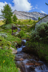 The mountains and the nature of the alps, during a summer day, seen from the simplon pass, Switzerland - July 2022.