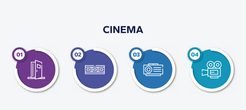 infographic element template with cinema outline icons such as doorway, filmstrip, slide projector, movie film vector.