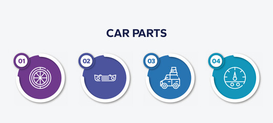 infographic element template with car parts outline icons such as car spare wheel, car bumper, luggage rack, fuel gauge vector.