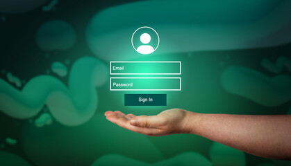 Woman hand showing VR interface of login. Secure access to user's personal information. Sign in...