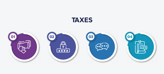 infographic element template with taxes outline icons such as devaluation, pin code, chat bubble, bills vector.