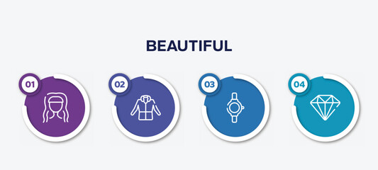 infographic element template with beautiful outline icons such as hairdress, parka, luxury watch, big diamond vector.