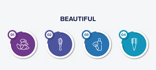infographic element template with beautiful outline icons such as three stones, inclined hairbrush, after shave, two side comb vector.