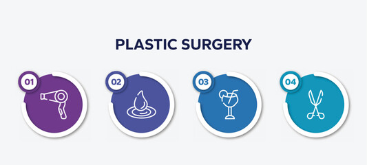 infographic element template with plastic surgery outline icons such as hairdryer, waterdrop, margarita, medical tools vector.