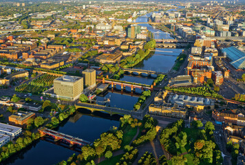 Aerial view of the River Clyde and Glasgow City during oncoming storm