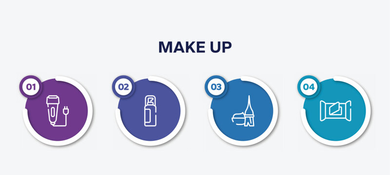 infographic element template with make up outline icons such as electric razor, hair spray, dye, wet wipes vector.