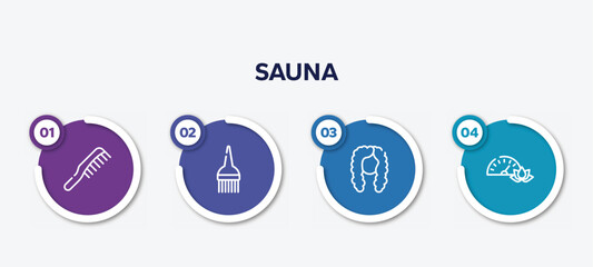 infographic element template with sauna outline icons such as hairdressing, brush tool, curled black long female hair shape, pressure vector.